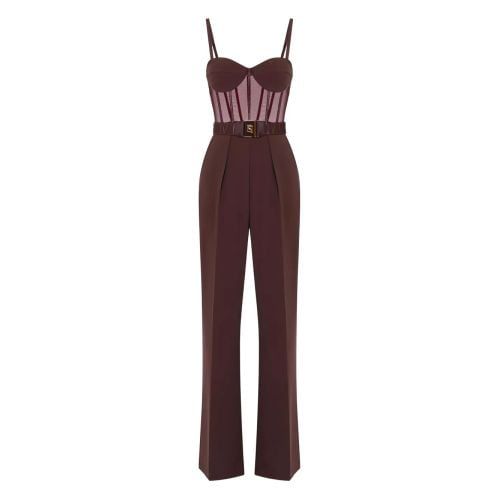 ELISABETTA FRANCHI Elisabetta Franchi Tulle-Detail Belted Jumpsuit - Red